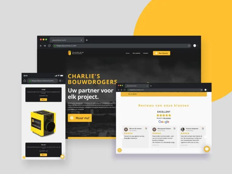 Website laten maken: Snel geleverde, responsieve website mockup van Charlie's Bouwdrogers, geen gedoe, direct functioneel.