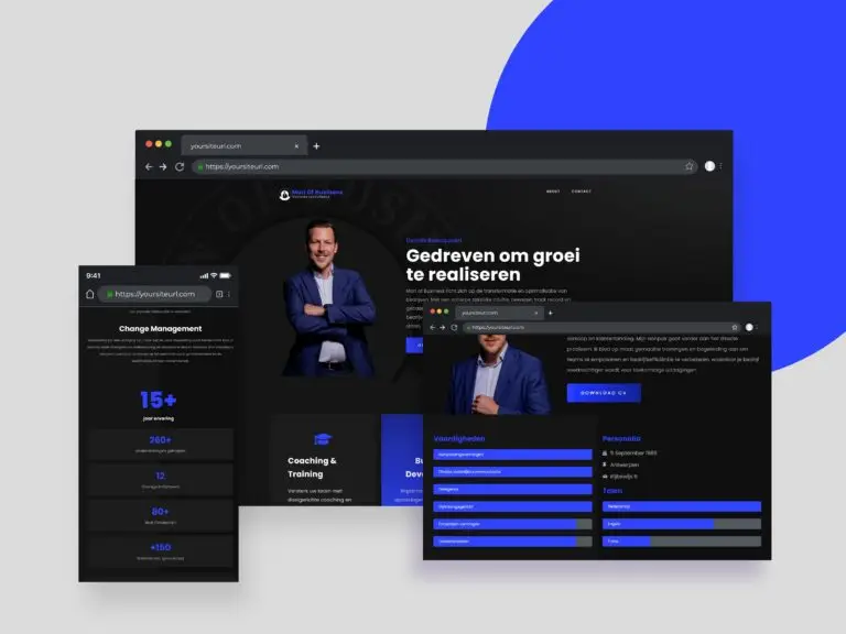 Website laten maken: Mockup van de Man of Business website, focus op ontzorging en een professionele uitstraling op elk platform.