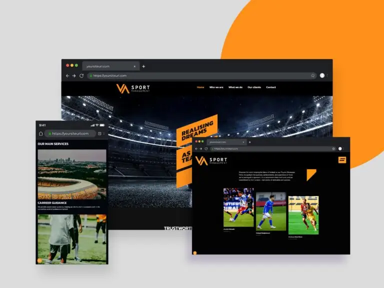 Website laten maken: Responsieve en professionele website mockup voor VA Sport Management, ontzorging in online presentatie.