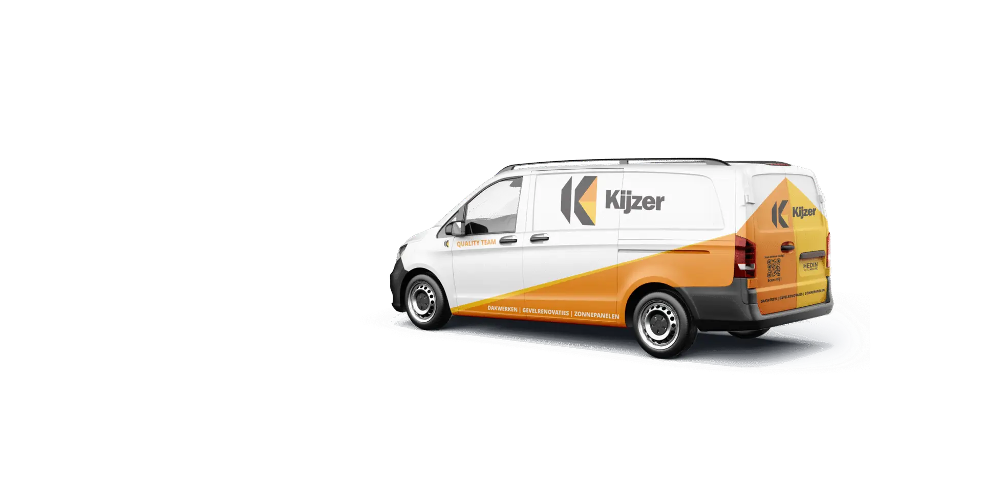 Camionette van Klizer met professionele voertuigbelettering, illustratie van "Bouw aan een betrouwbare eerste indruk" en Branding.