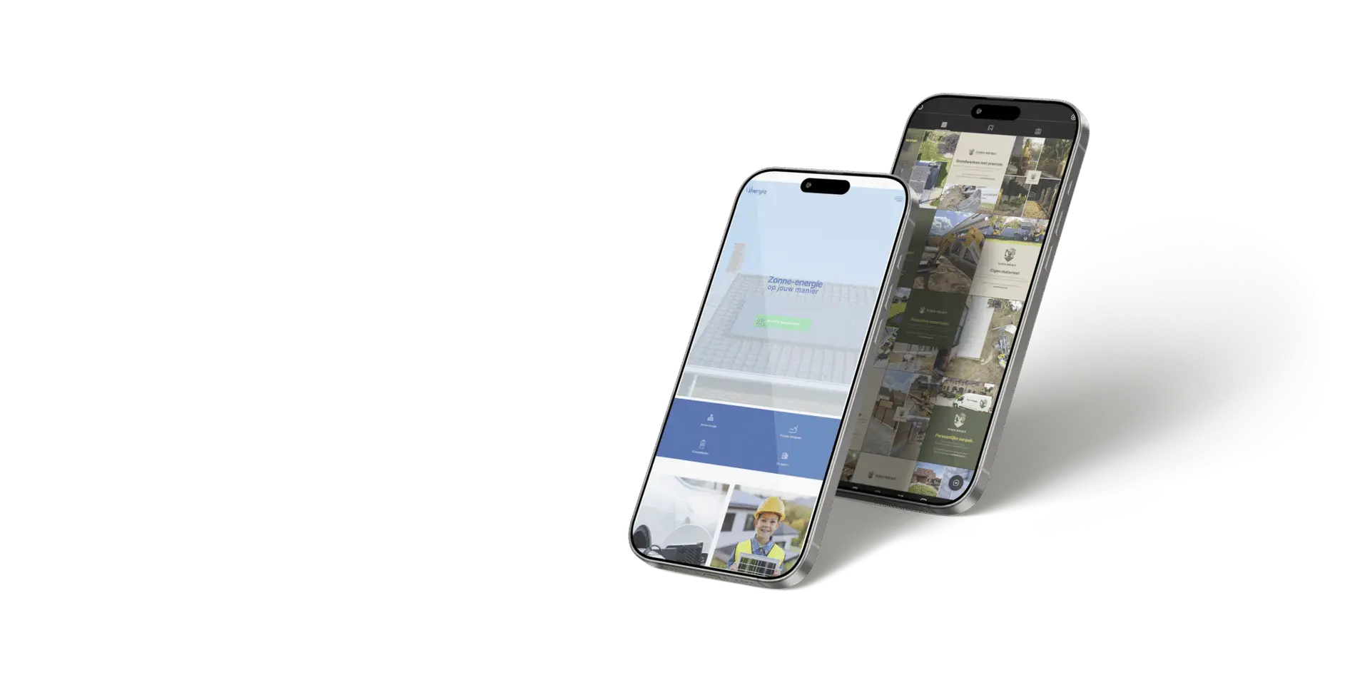 Mockup van twee smartphones met websites van Toméci, illustratie van "Onderscheid je online, Trek de juiste klanten aan" en Websites maken.